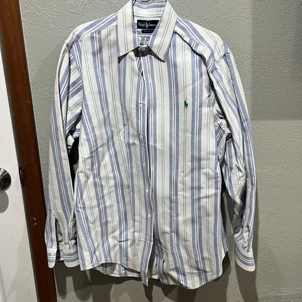 Ralph Lauren Men’s White Shirt with Blue Stripe and Green Logo